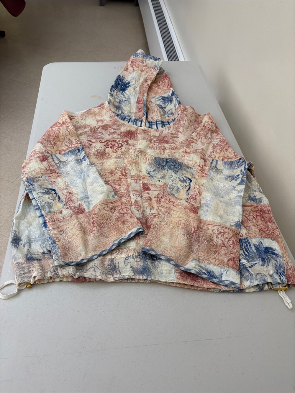 Tory Burch Patchwork Hooded Pullover in Blue, Red & Cream